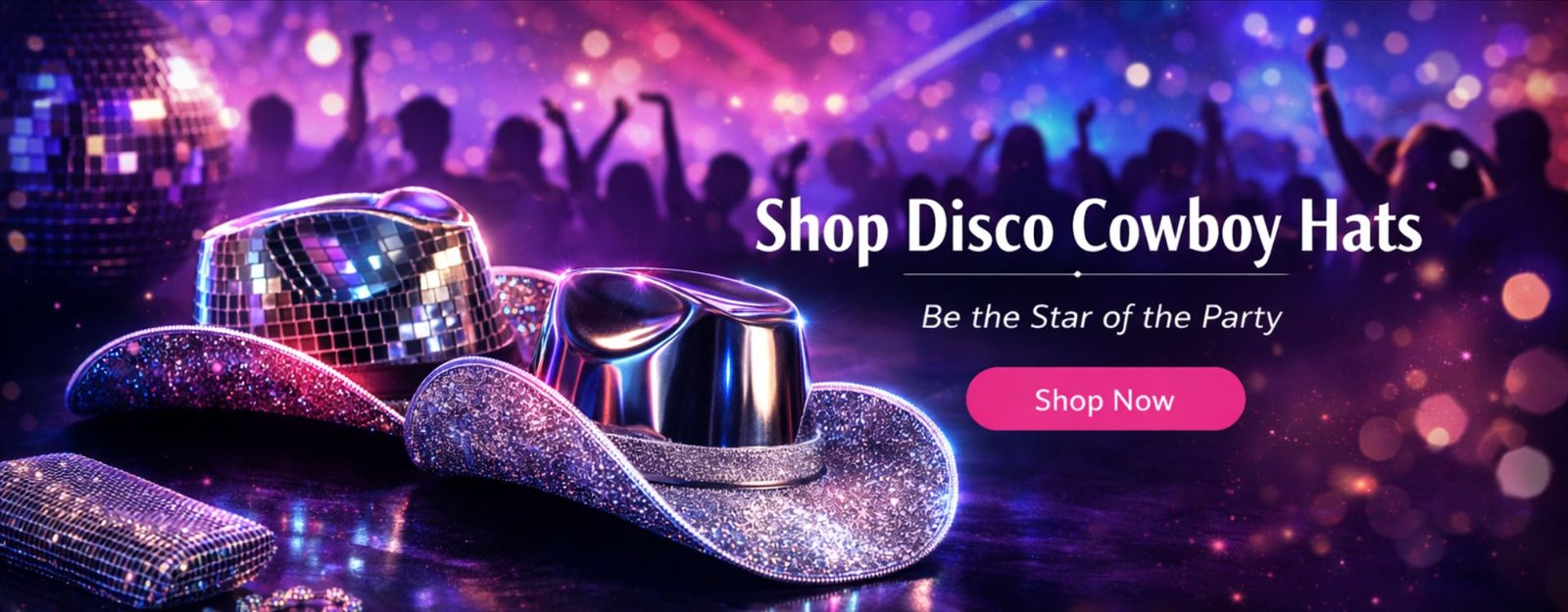 Festival-goers wearing vibrant disco cowboy hats at a lively party