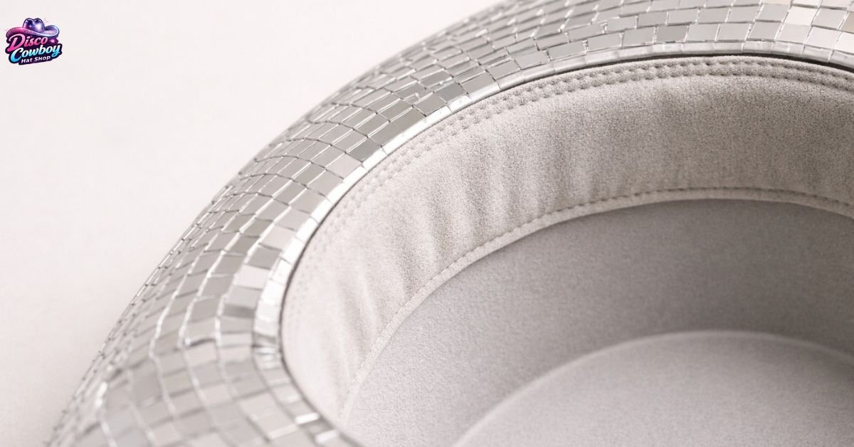 Close-up of a disco cowboy hat showing a padded sweatband, moisture-absorbing lining, and smooth reinforced stitching