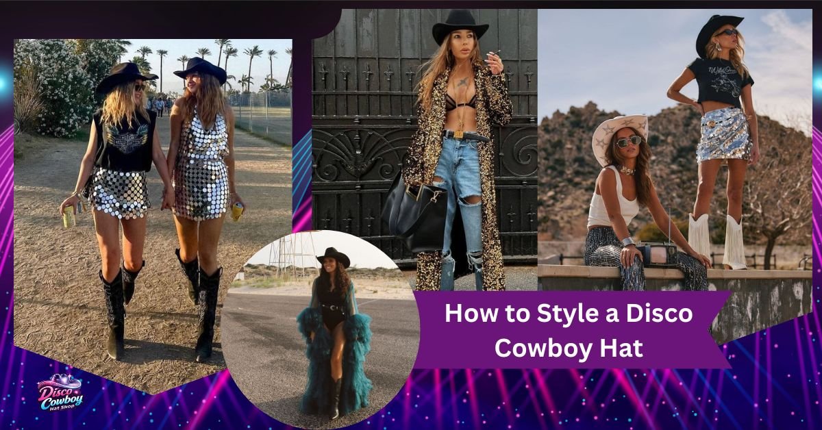 How to style a disco cowboy hat with a leather blazer and modern denim outfit for a chic festival look